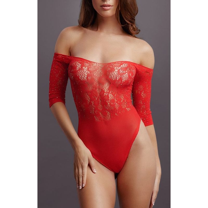 Body ouvert Rhinestone - Rouge